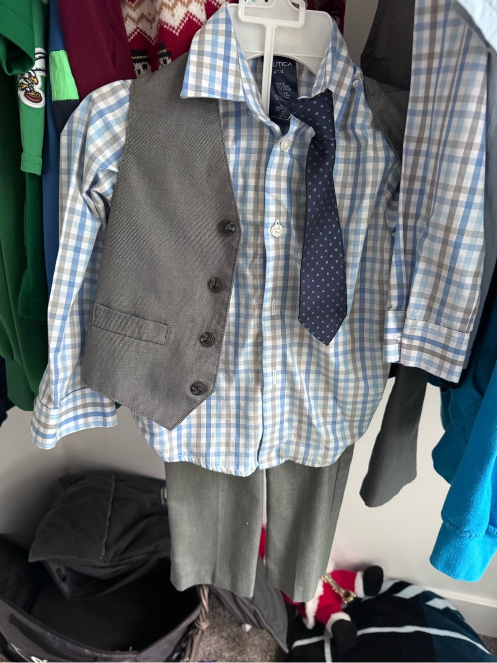 Nautica Blue & White Plaid Button-Down Shirt with Gray Vest and Navy Tie